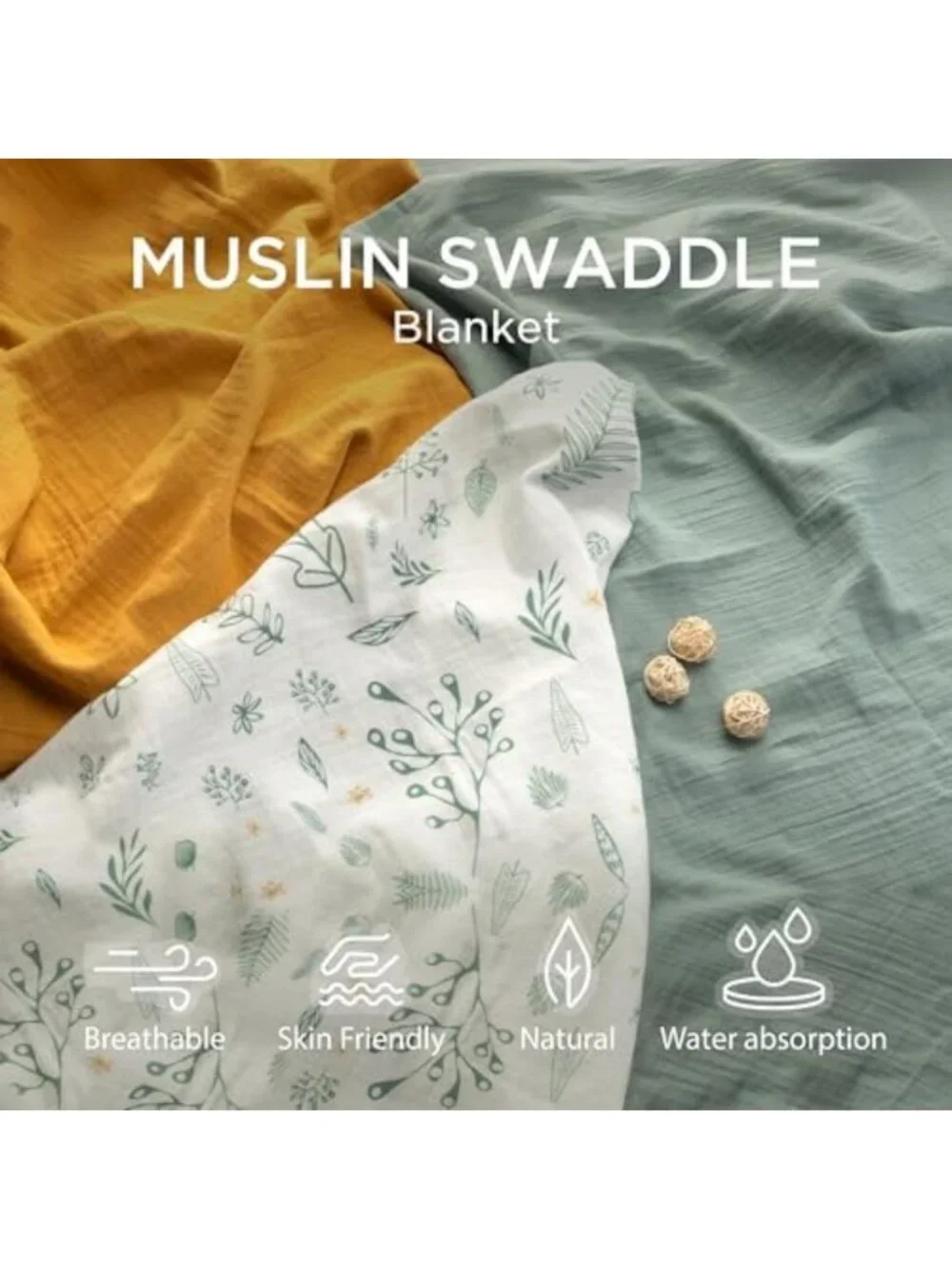 Soft Cotton Muslin Swaddle Blankets for Newborns, 3 Pack, Large 43x35
